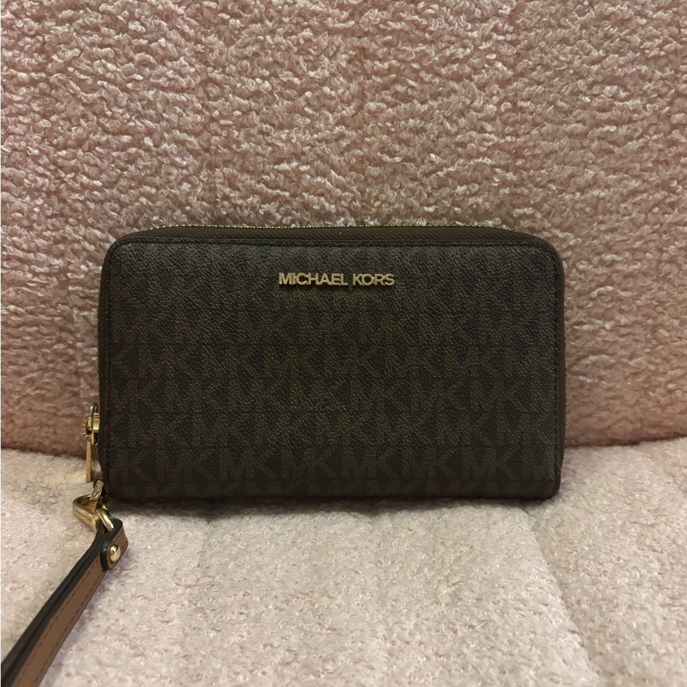 Michael Kors Dark Brown Wristlet with Gold Accents